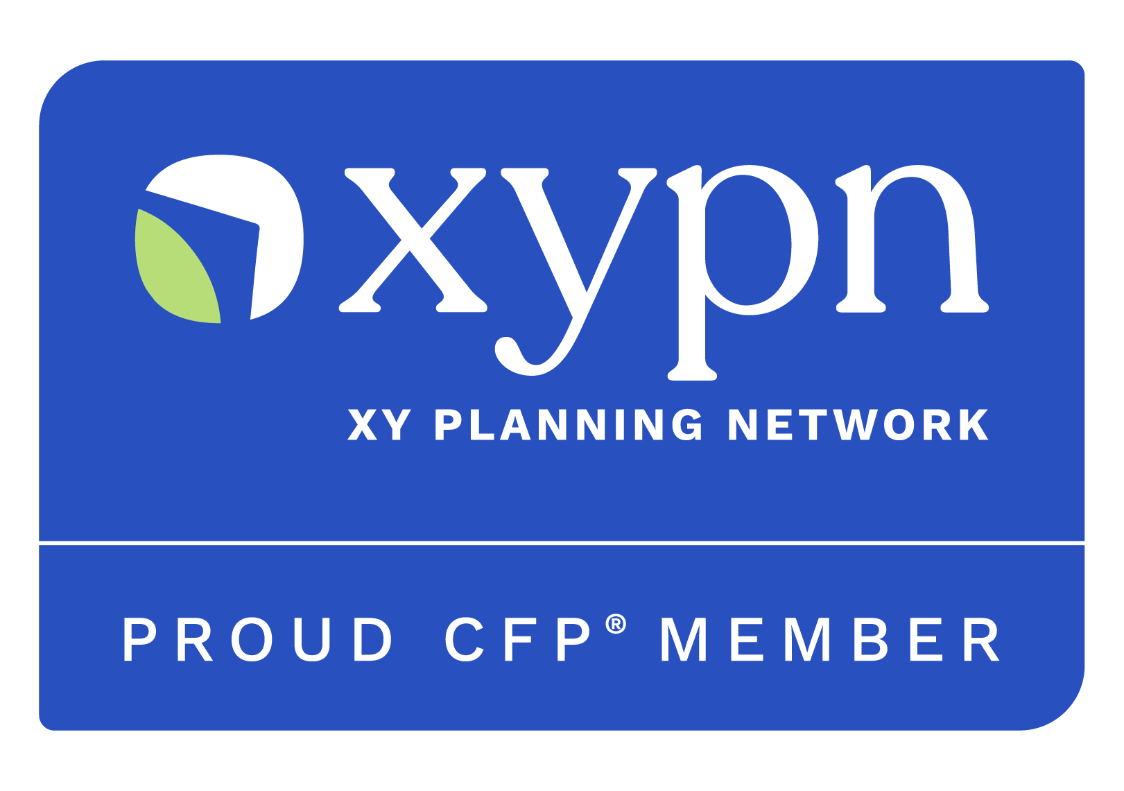 XY Planning Network badge with blue background, white text, and a logo featuring a circle with a leaf section, indicating membership and pride in CFP professional certification.
