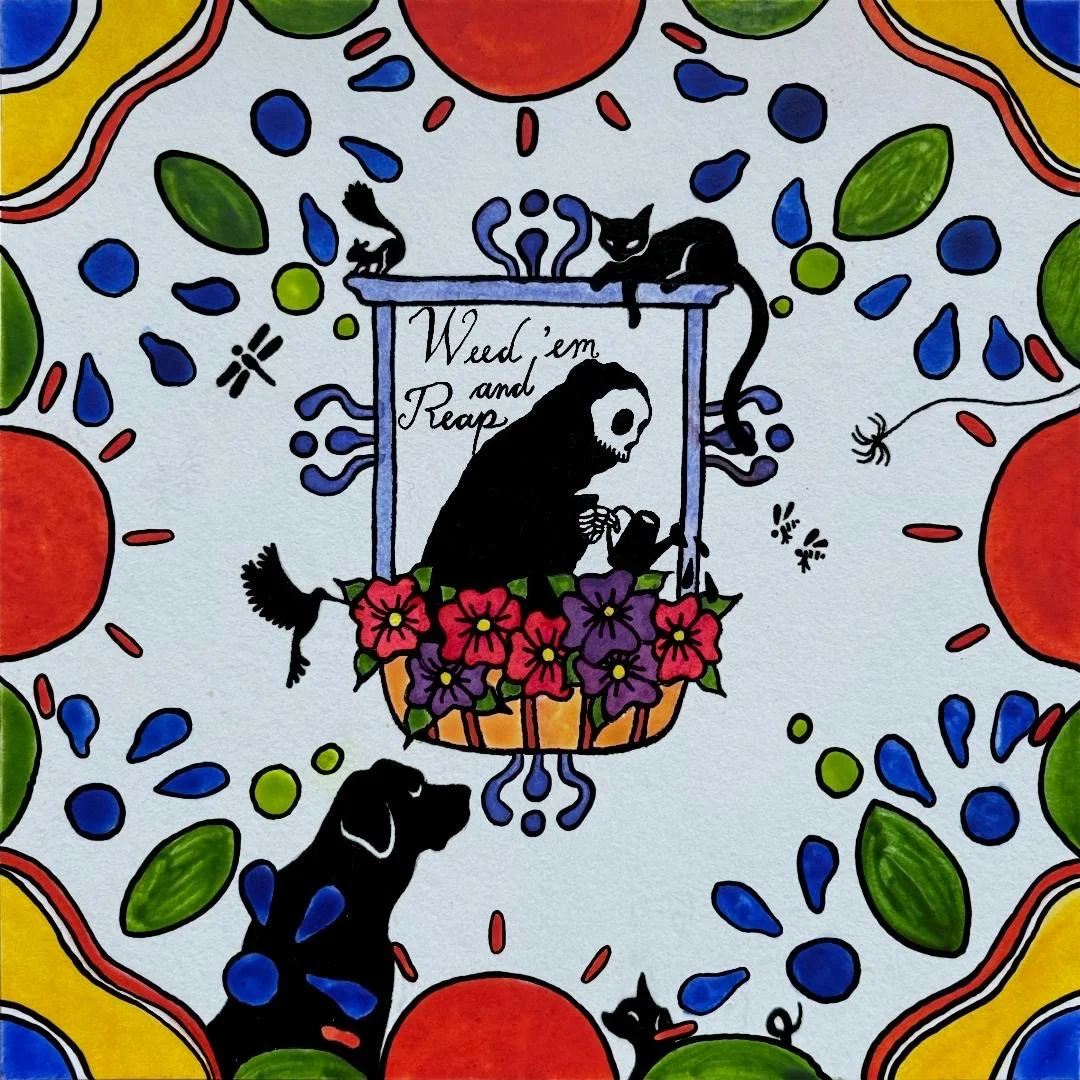 Frog Legs' "Weed 'em and Reap" front cover, featuring a grim reaper, dog, cat, and other flora / fauna.