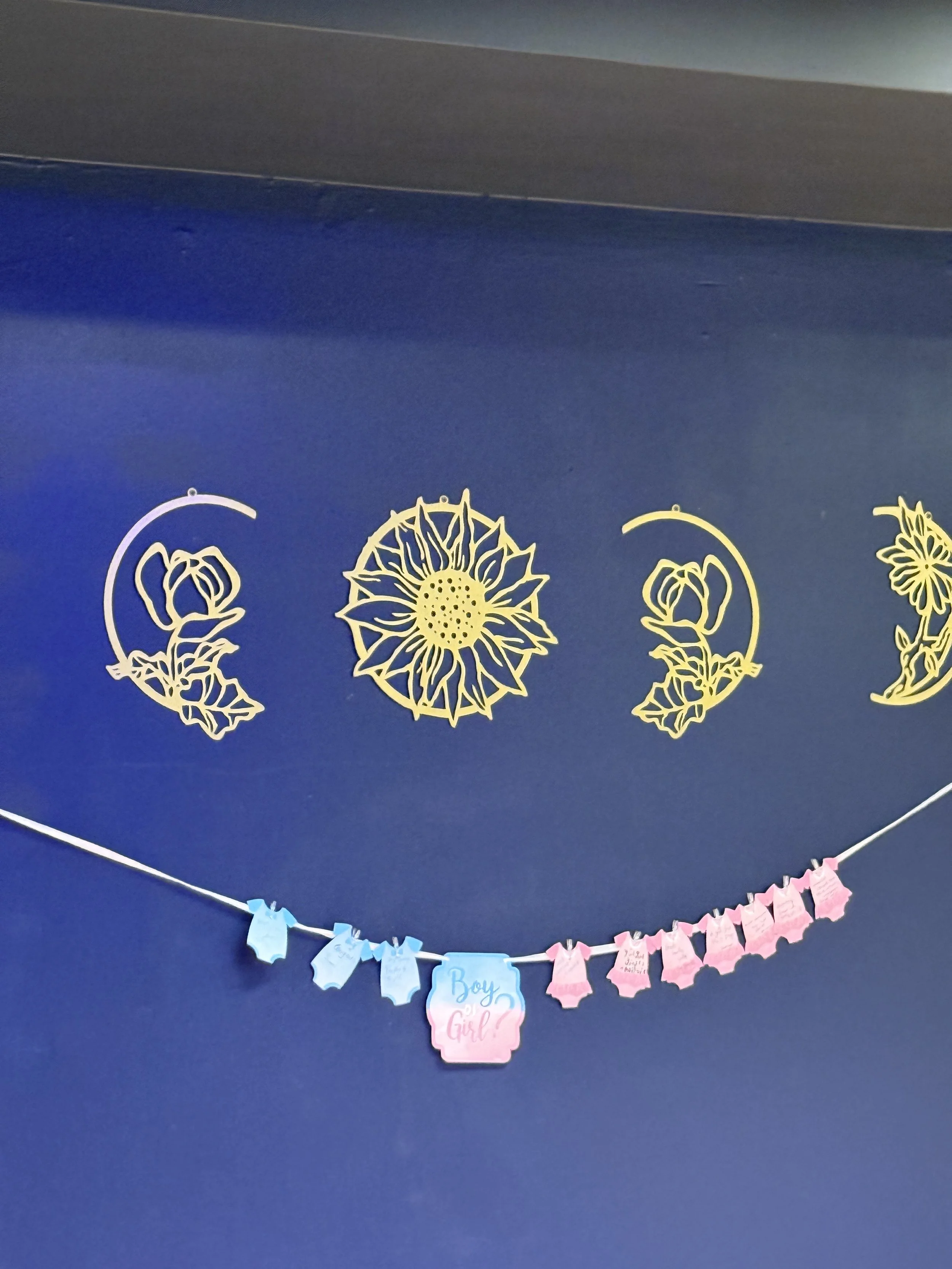 Decorative wall with gold floral cutouts and a pink and blue baby gender reveal banner with the words 'Boy or Girl?' on a dark blue wall.