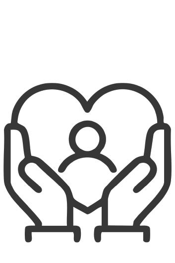 Outline of hands surrounding a person with a heart shape in the background.