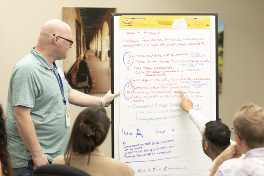 A group of people attending a presentation or workshop, with one person standing next to a large flip chart containing handwritten notes and diagrams, in a room with warm lighting and a hallway image on the wall.