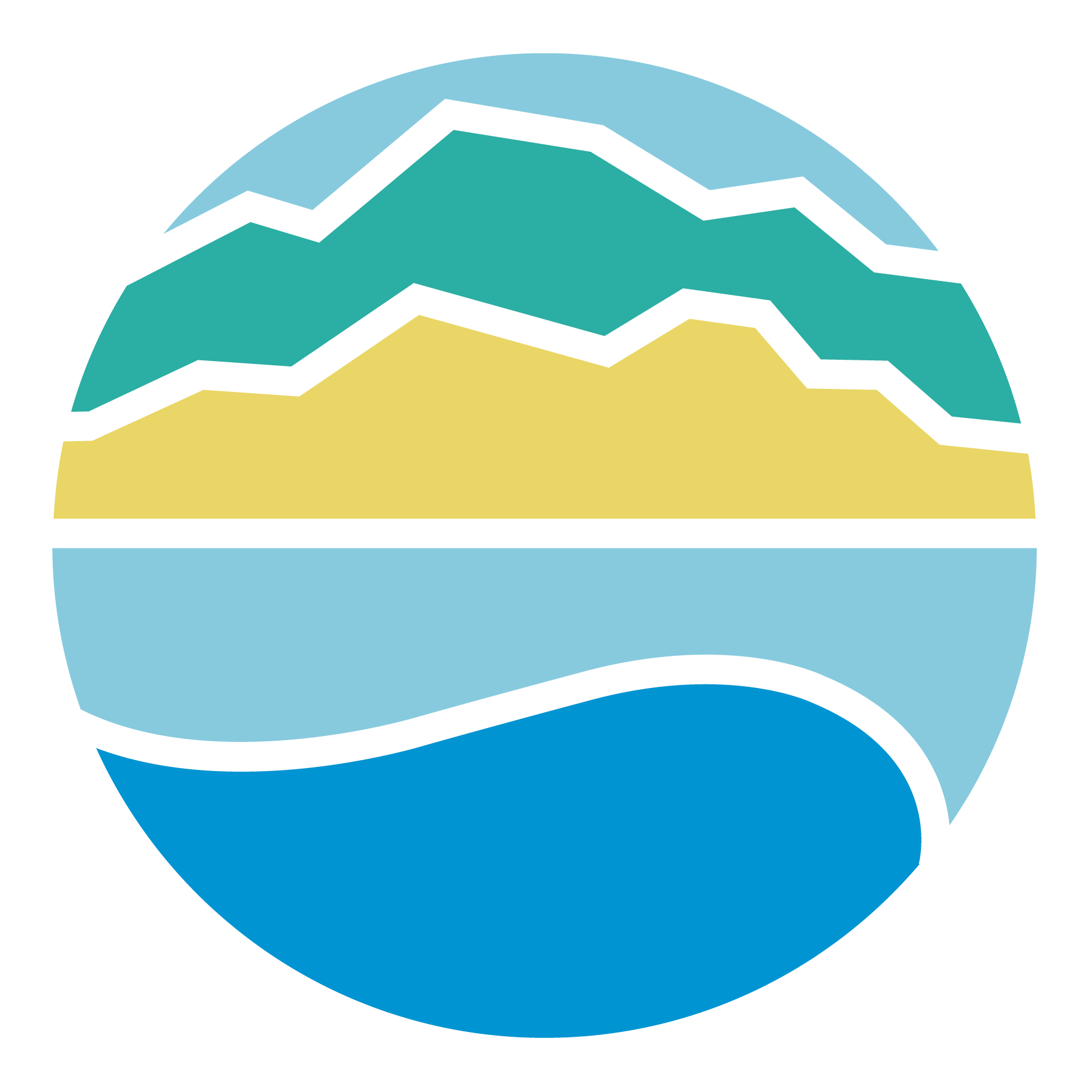 Stylized circle illustration of mountains, water, and sky in earthy colors.