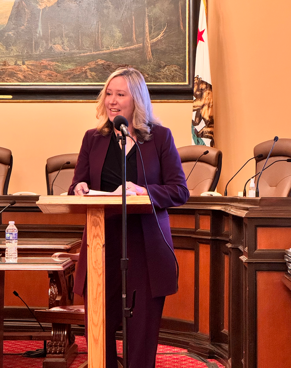 A woman speaking at a podium in a formal setting, with a microphone, surrounded by empty chairs, a water bottle, and a framed painting behind her, and a flag with a bear and stars in the background.