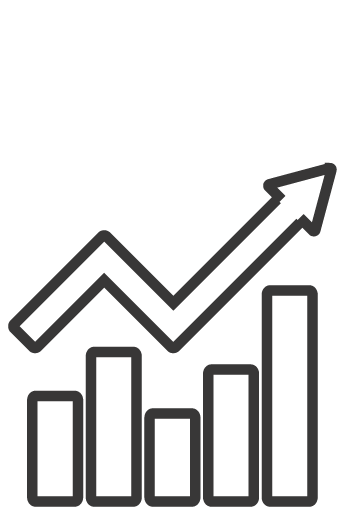 A black and white line graph with a bar chart and an upward trending arrow