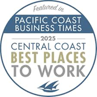 A circular badge acknowledging the featured inclusion in the Pacific Coast Business Times 2025 list of Central Coast best places to work.