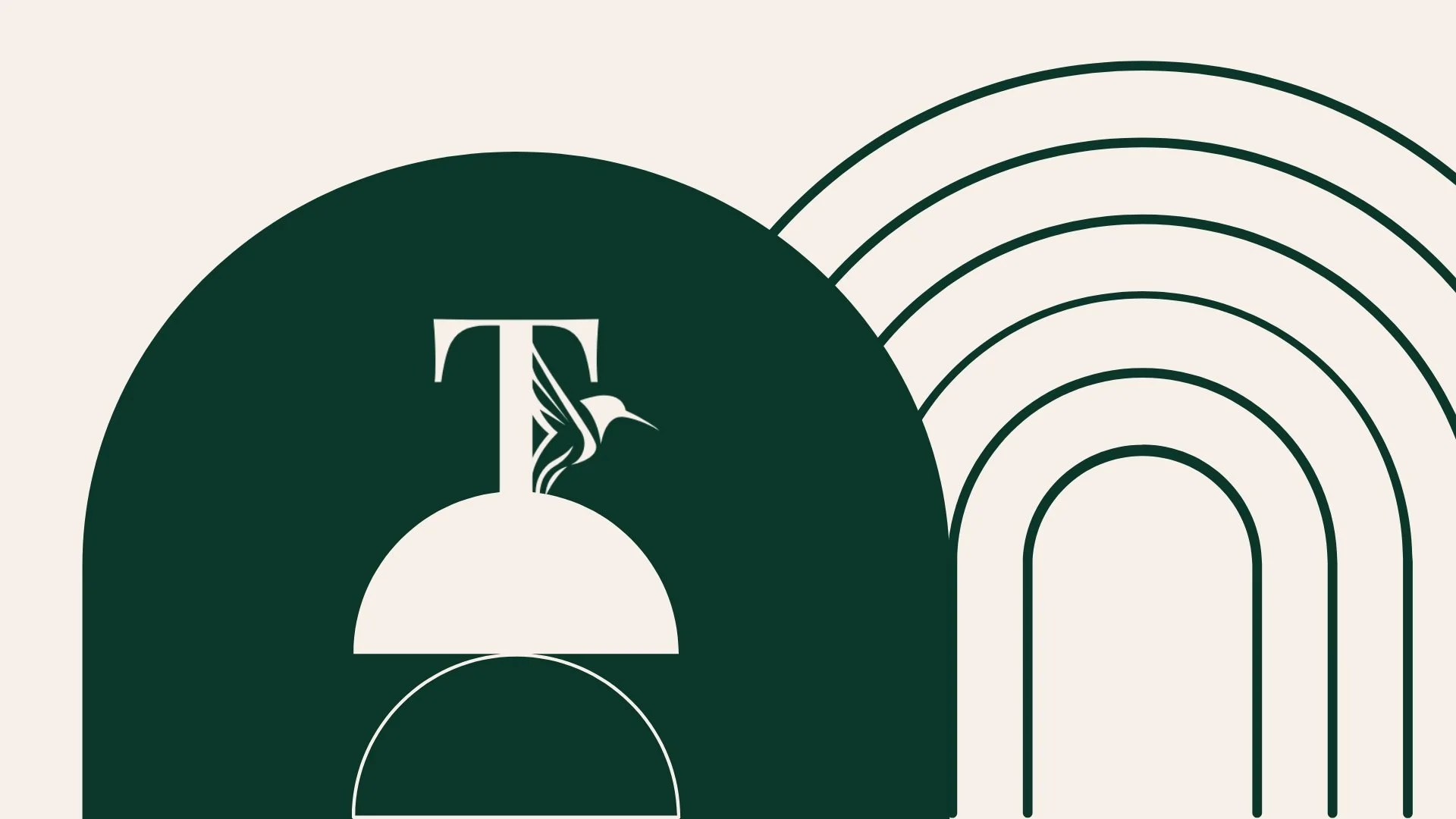 Minimalist graphic design featuring a stylized hummingbird next to the letter 'T' and a semicircular shape, with four rainbow-like arches on the right side.