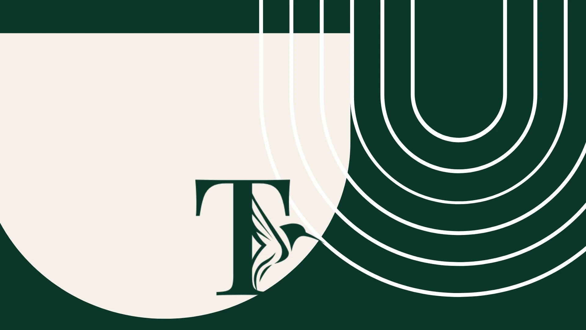 A graphic design with a dark green background, featuring a stylized white circle, the letter 'T' with a hummingbird illustration, and concentric white arcs on the right side.