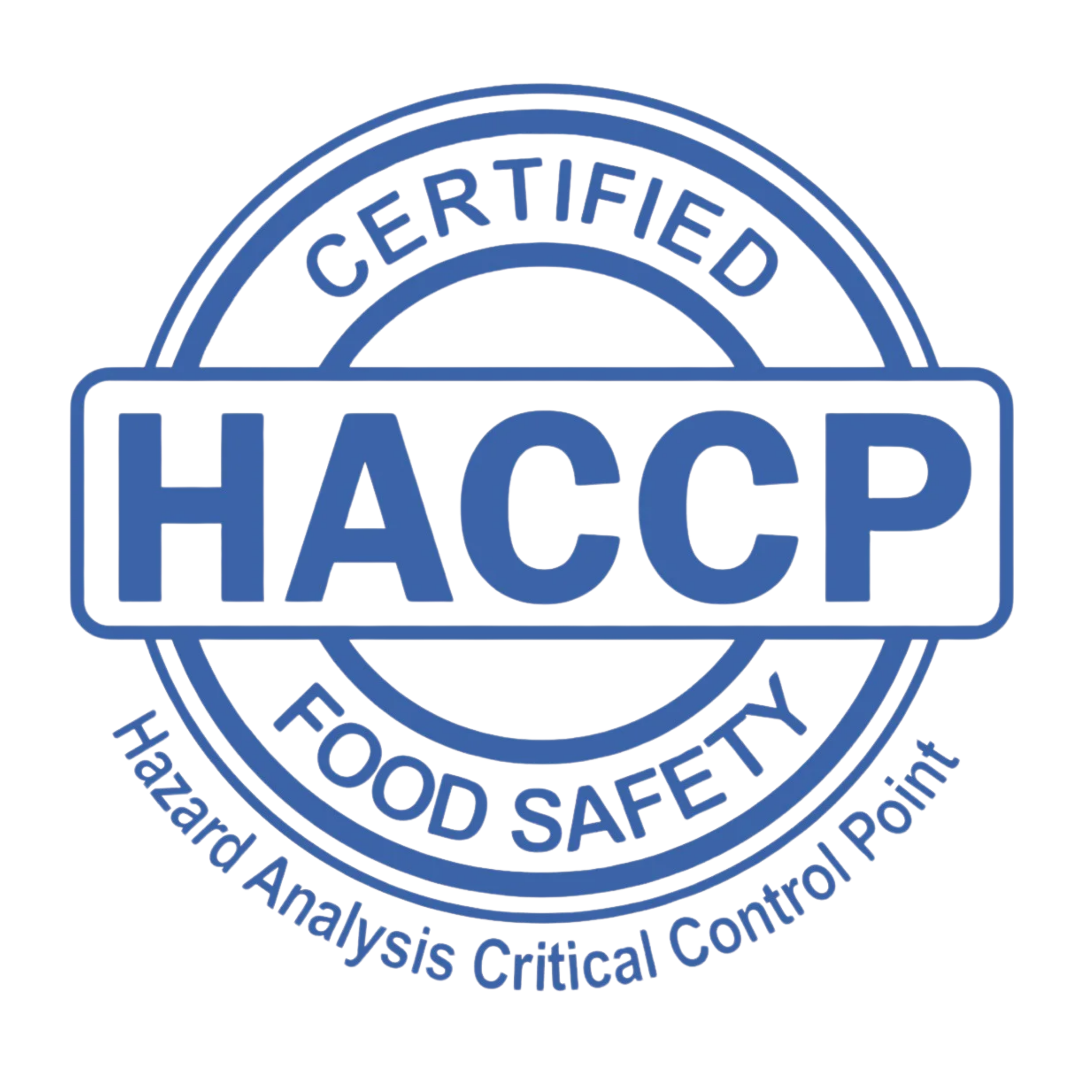 Blue circular “Certified HACCP Food Safety” logo with “Hazard Analysis Critical Control Point” text over a red and blue abstract background