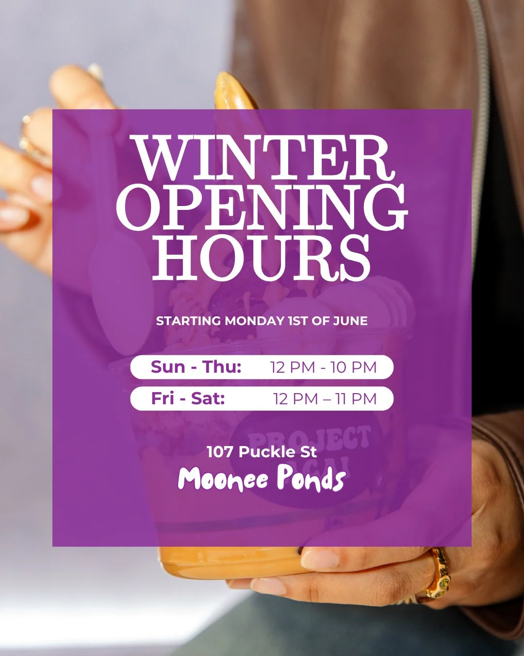 The weather is cooling down, but the acai cravings are not. 🥶⁠
⁠
We&rsquo;re switching to our winter hours from Monday 1st of June. Slide through to check our updated times.⁠
⁠
Don&rsquo;t worry, we&rsquo;ll still be here for your acai fix, smoothie