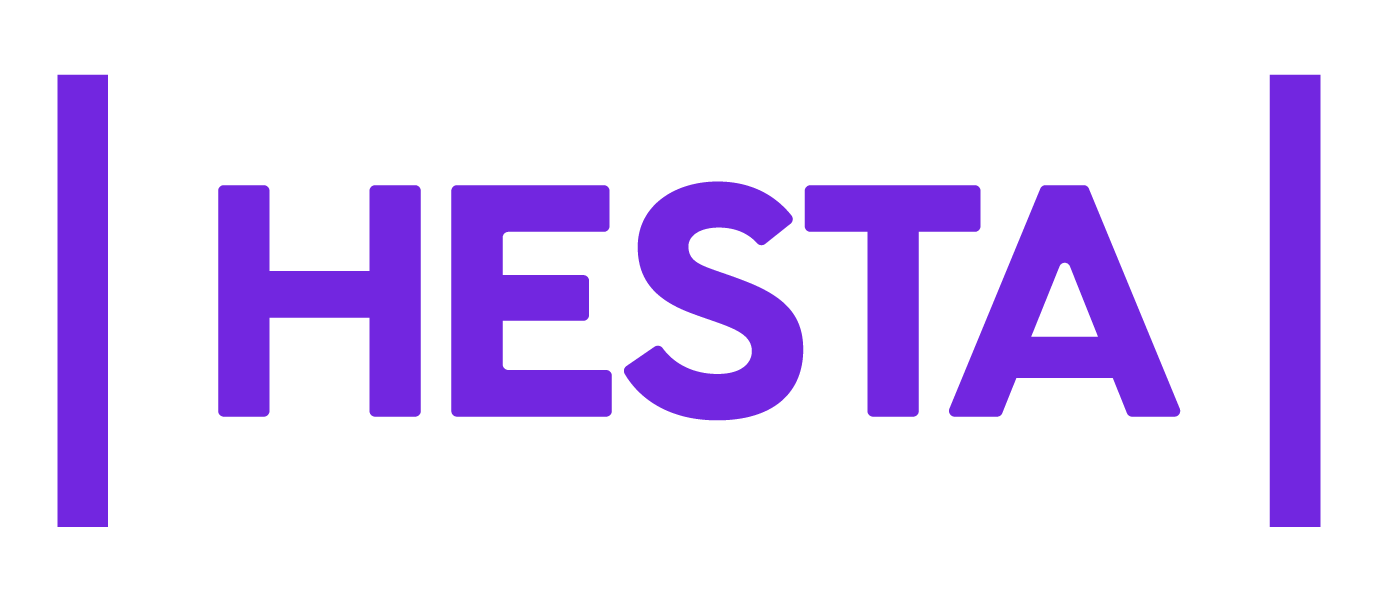 The word 'HESTA' in large purple capital letters, bordered by purple vertical lines on each side, with a black background.
