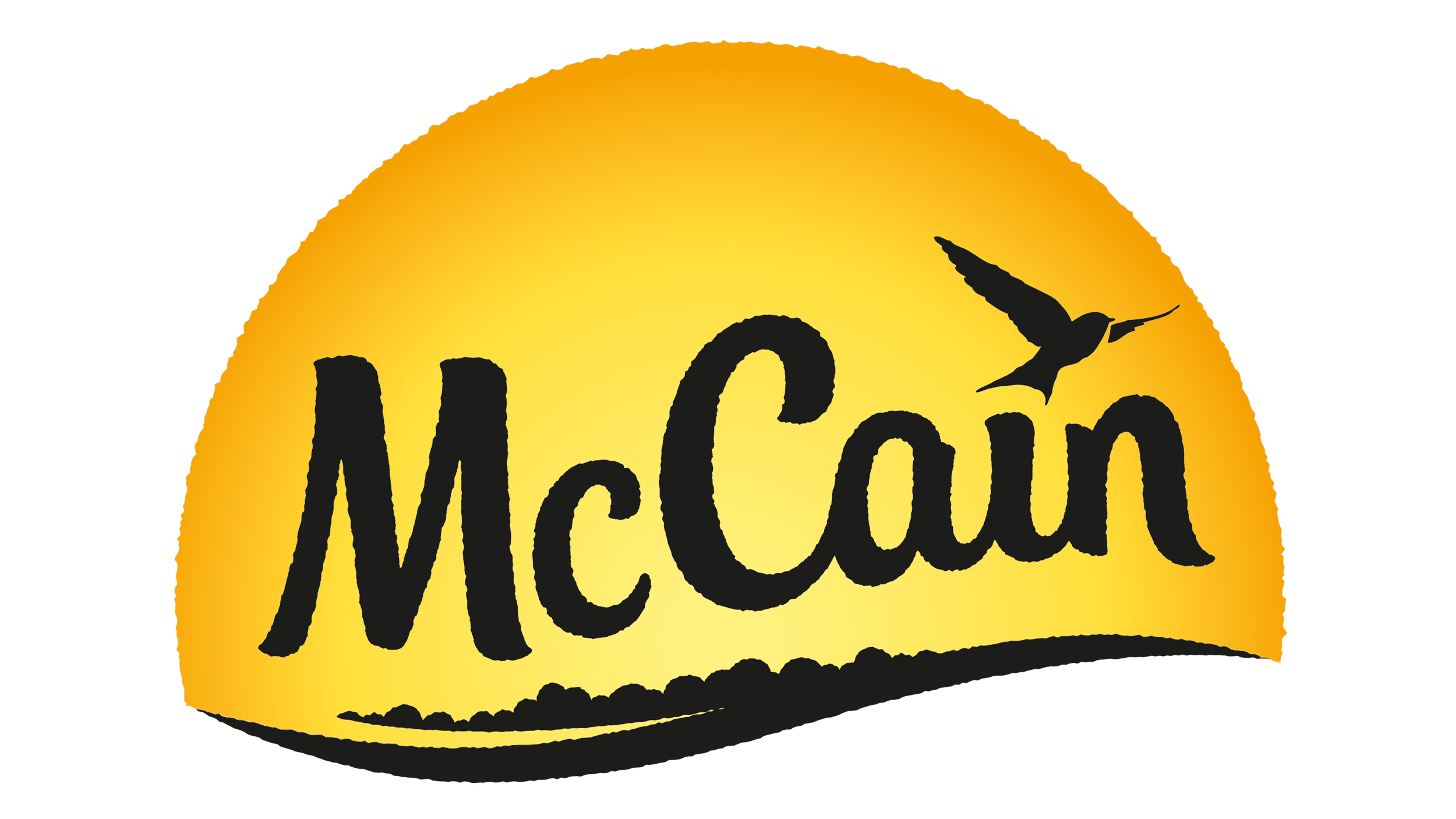 McCain logo with a yellow and orange background, black text, and a hummingbird silhouette next to the letter 'i'.