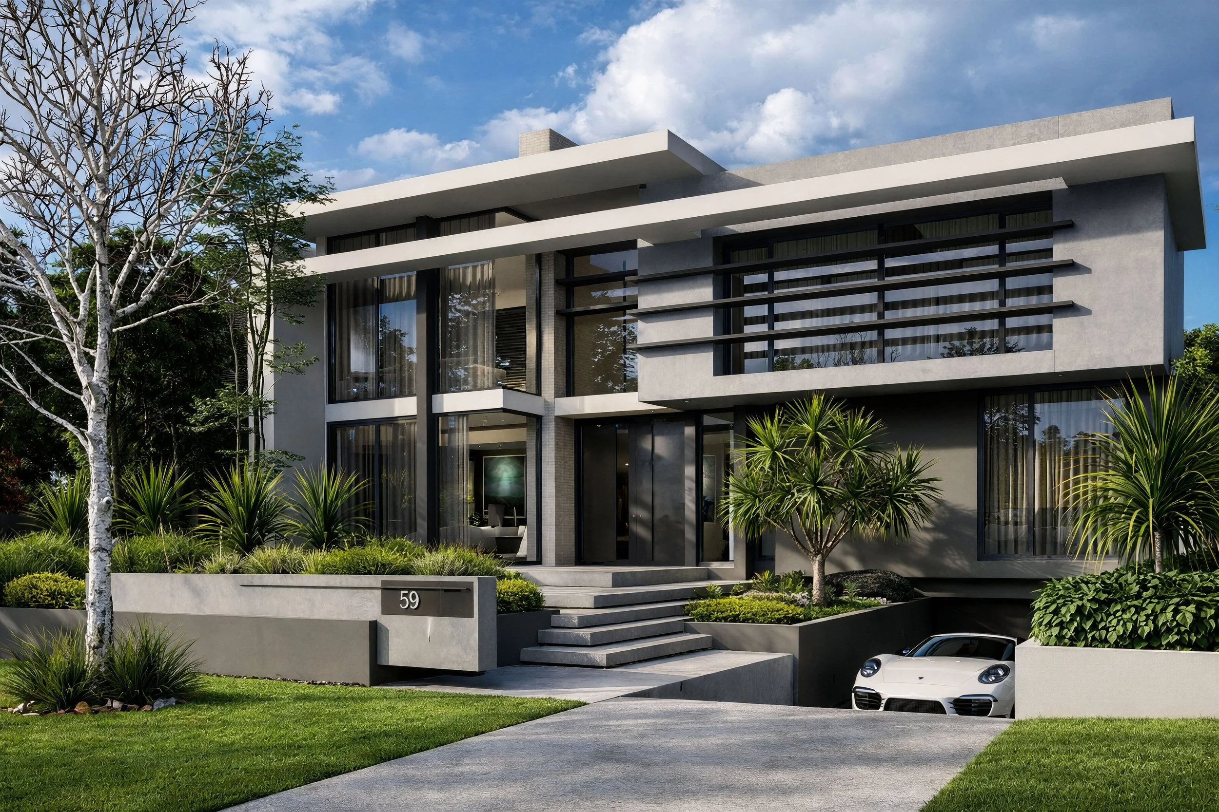 Modern multi-story house with large glass windows, a white car parked in a garage underneath, an entrance with stairs, landscaped lawn with bushes and trees, and a blue sky with clouds.