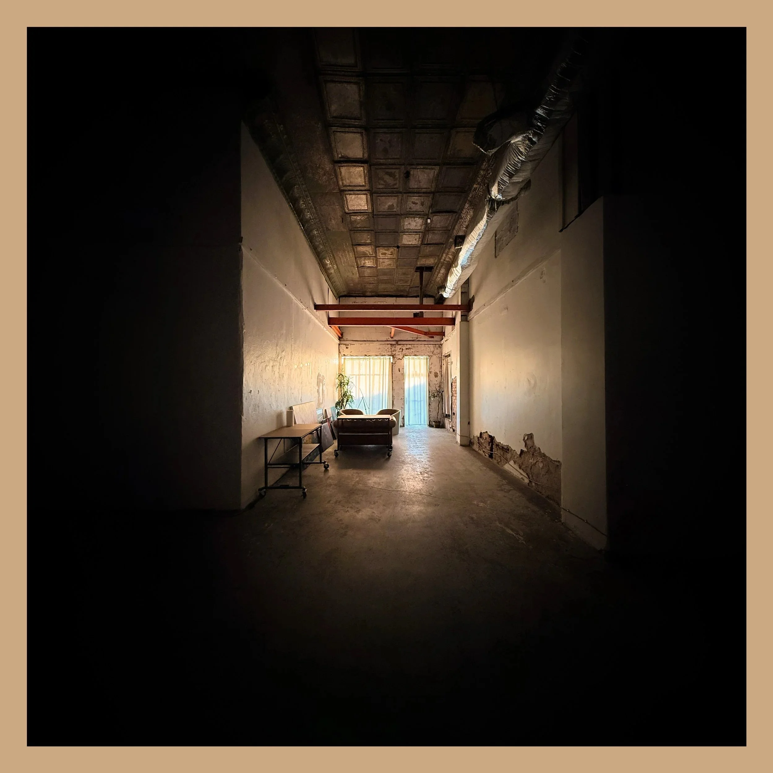 The image shows an empty corridor with a decorative ceiling, some furniture, plants, and windows at the end, with a mix of dark and light areas indicating a partially lit space.