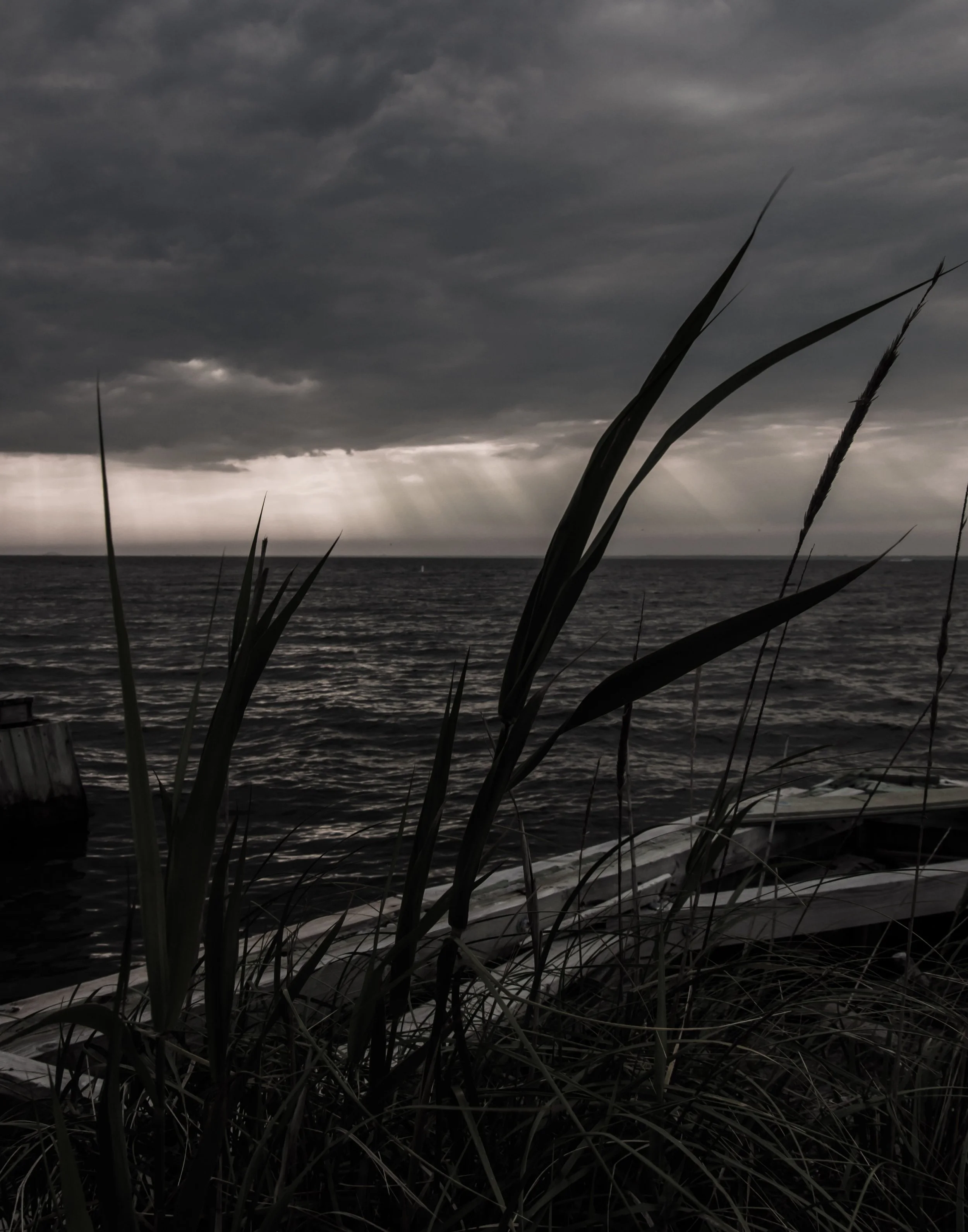 A dark, stormy scene of the ocean with storm clouds and rays of sunlight breaking through, tall grass and boat remnants in the foreground.