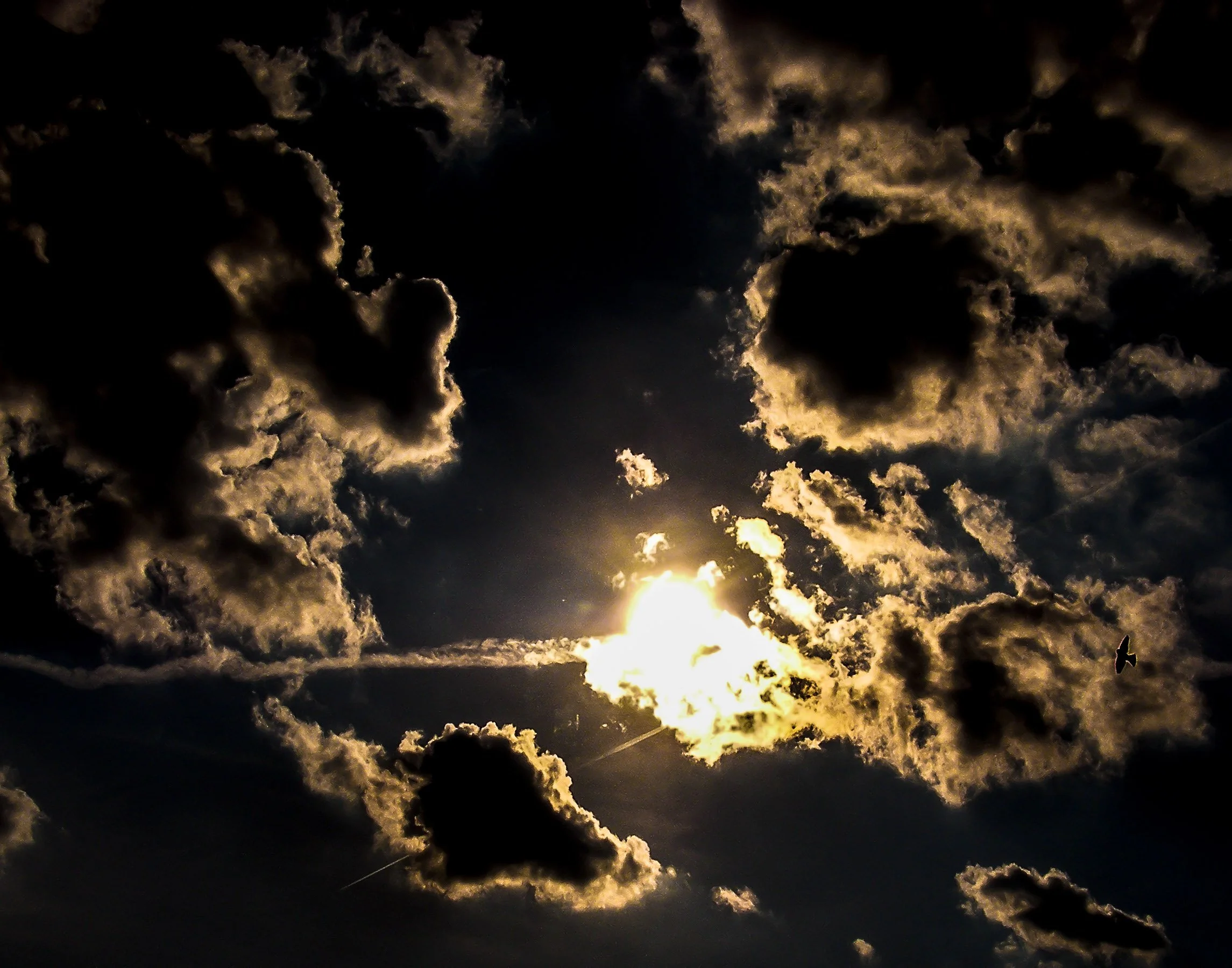 Sun partially obscured by dark clouds in a sky with a bird flying nearby.