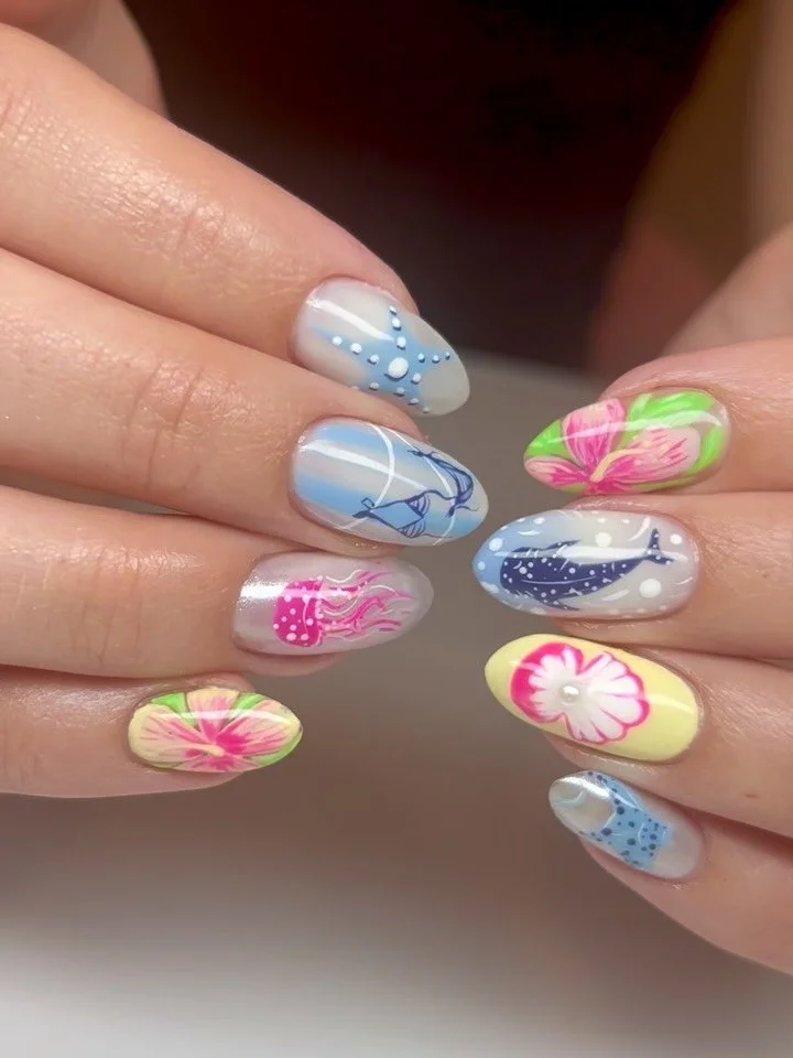 Nails for Hawaii!! 🌺 🏝️ 🌊 🦈 🐚 

#summernailart #crazysummernails #utahnailtech #summernailinspo #coolgirlnails