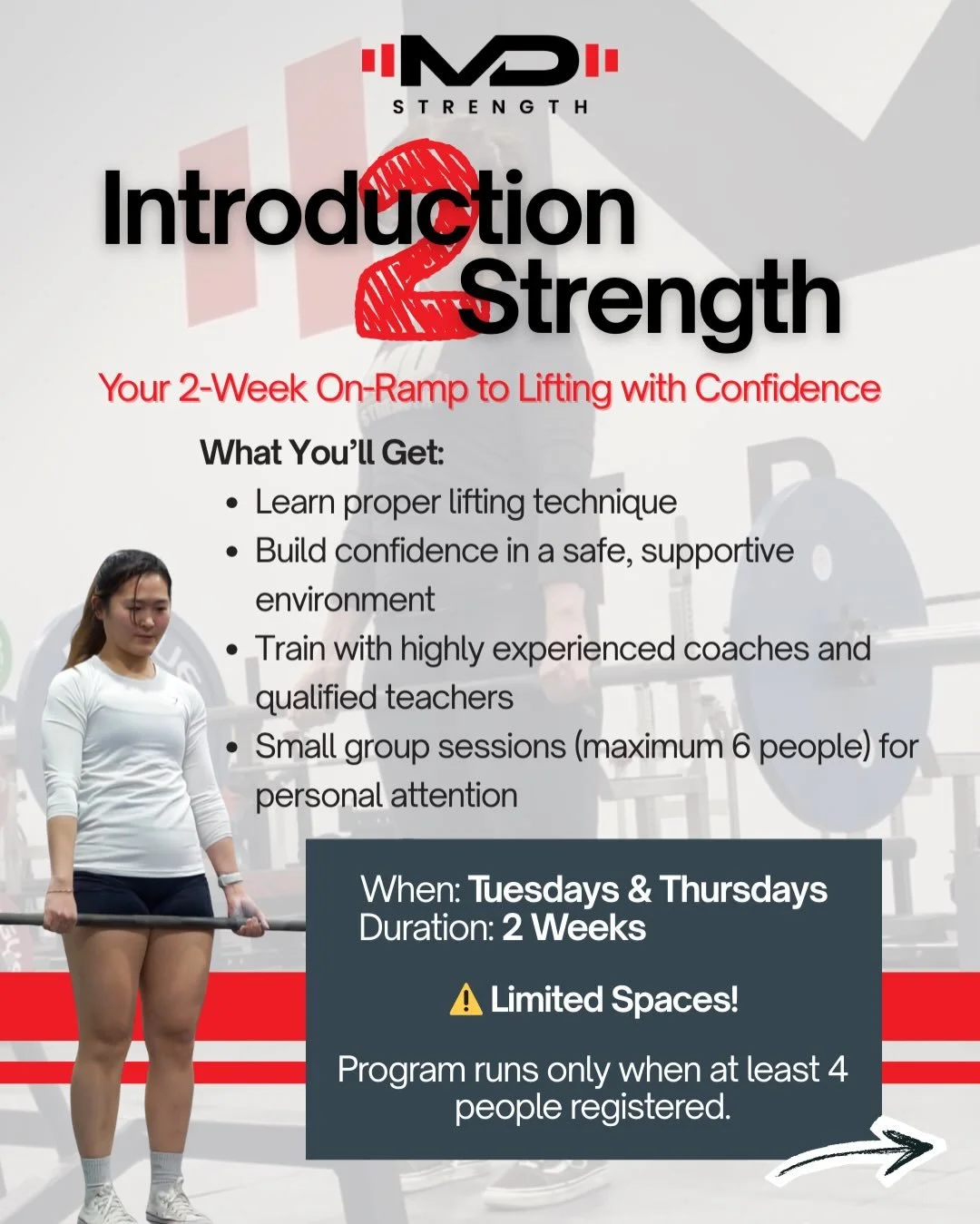 Lifting weights can be intimidating, but it doesn&rsquo;t have to be. 

At MD Strength, we believe everyone deserves to feel strong and confident. Our 2-week Introduction 2 Strength program is built for those who want to learn the right way from the 