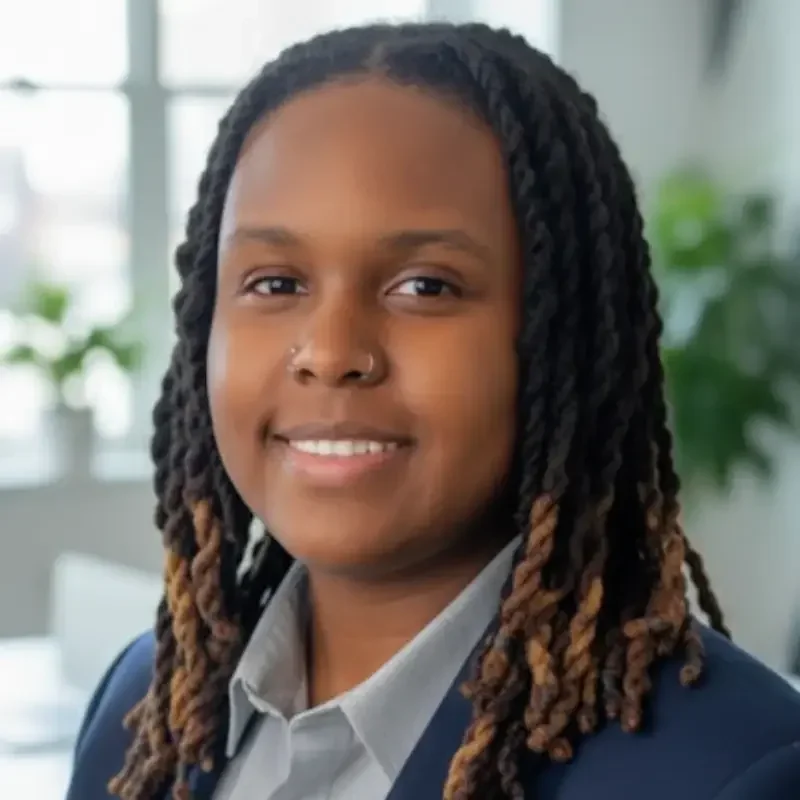 A young woman with dark skin and long styled dreadlocks smiling in an indoor setting.