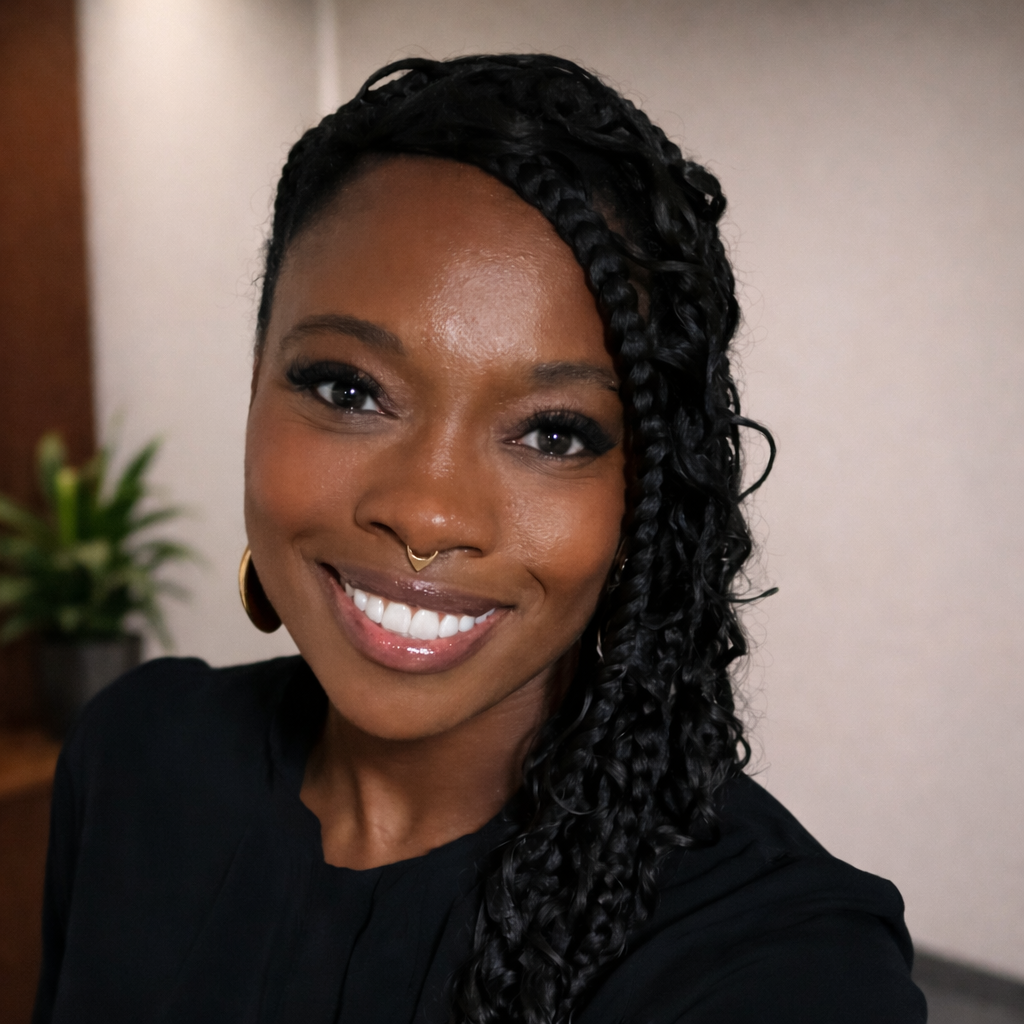 A woman with dark curly hair styled in braids, wearing makeup and a gold nose ring, smiling at the camera.