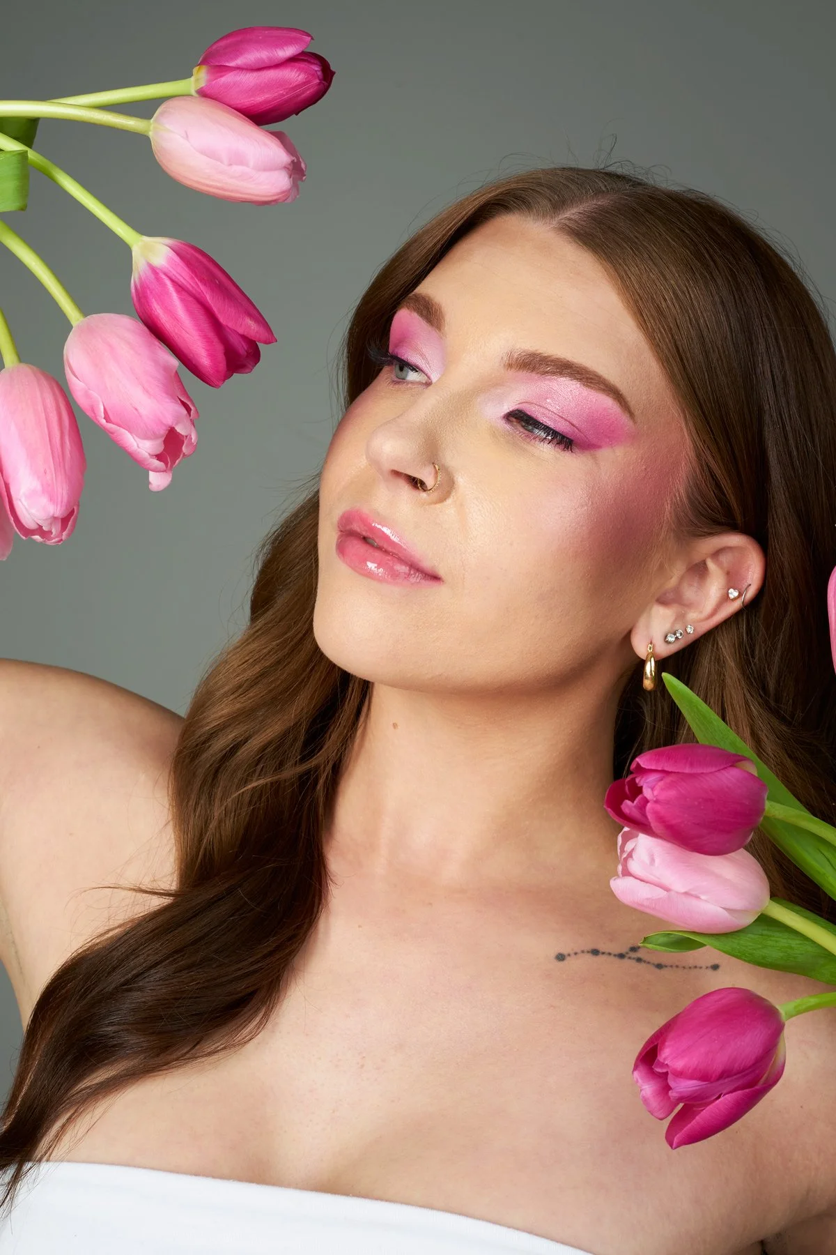  High-key beauty shot of Carleigh Owen with makeup design by Charlotte Paton in LB131 studio.