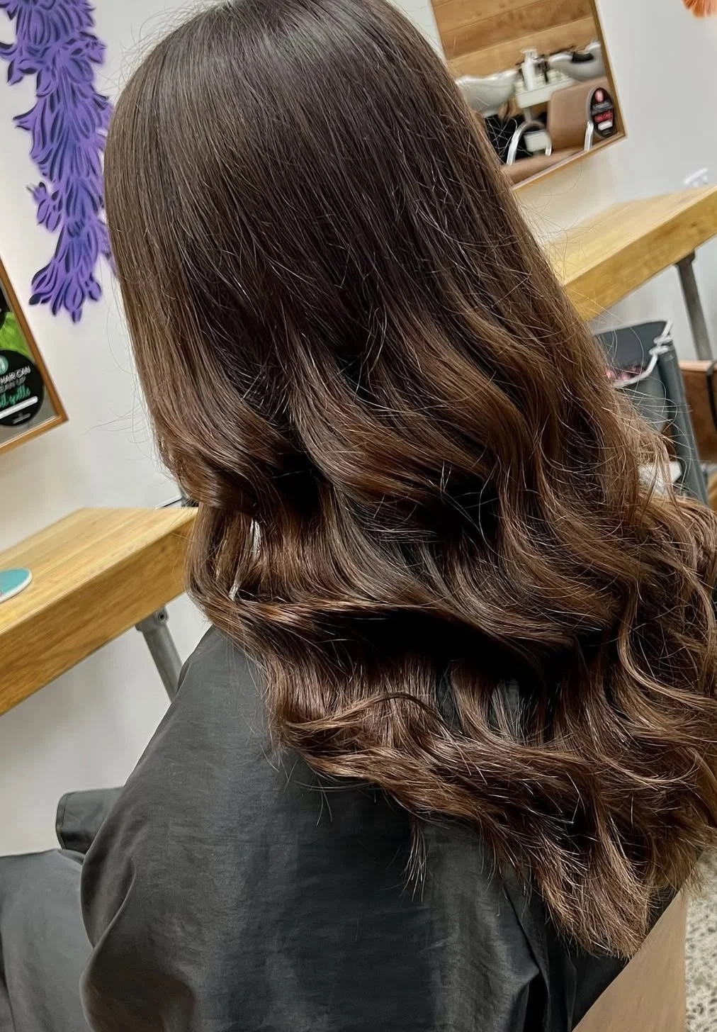 Dark Balayage, long loose waves, chocolate balayage, coffee colour
