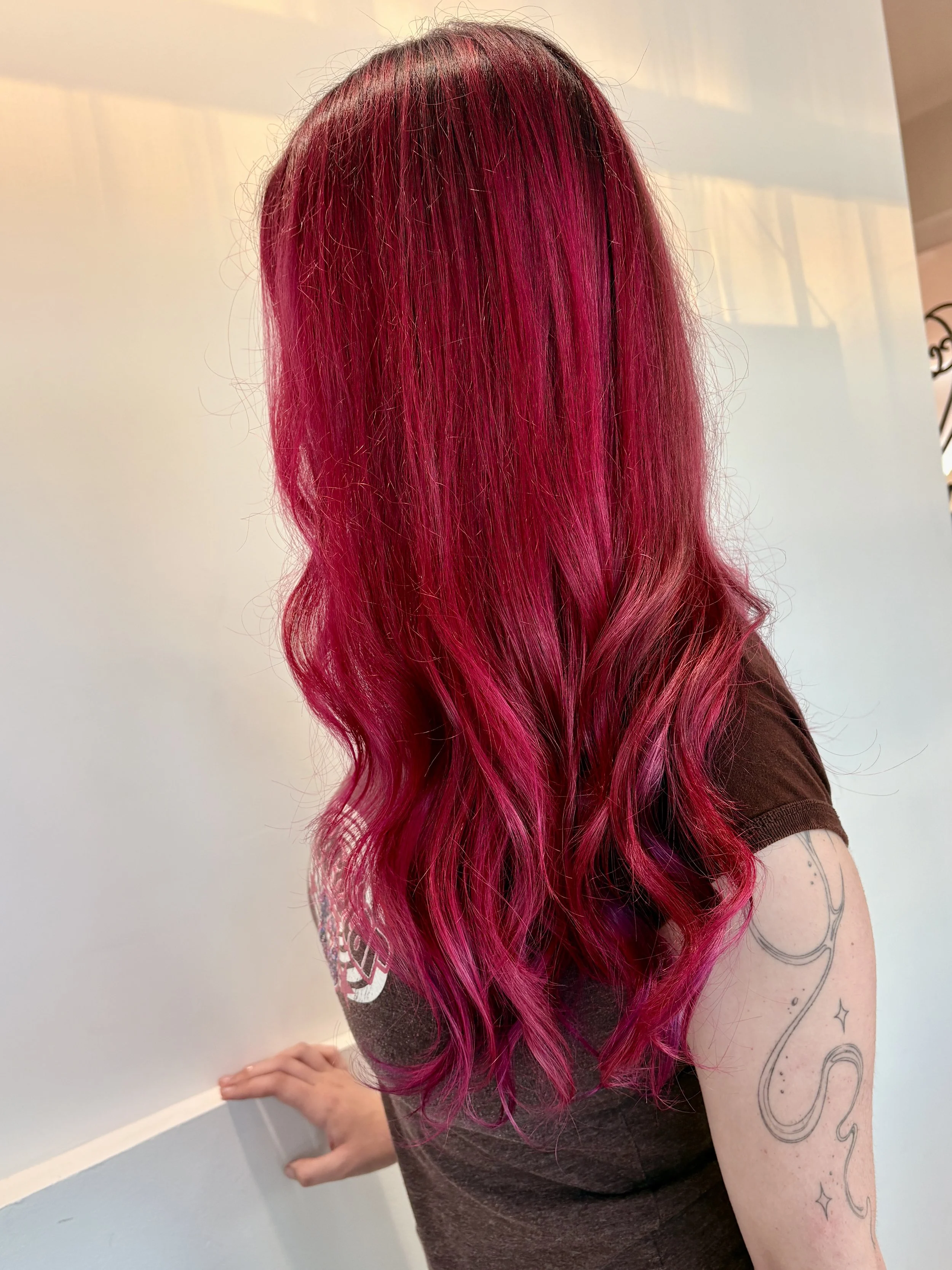 Colour Correction, hot pink, watermelon pink hair, long red hair, vivid colour red hair