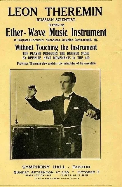 Vintage concert poster featuring Leon Theremin, a Russian scientist, playing his ether-wave music instrument at Symphony Hall in Boston, on October 7, with details about the program and ticket prices.