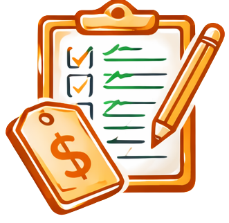 A clipboard with a checklist, a pen, and a money bag with a dollar sign