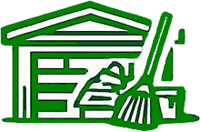 Green broom leaning against a green dustpan and trash bin.