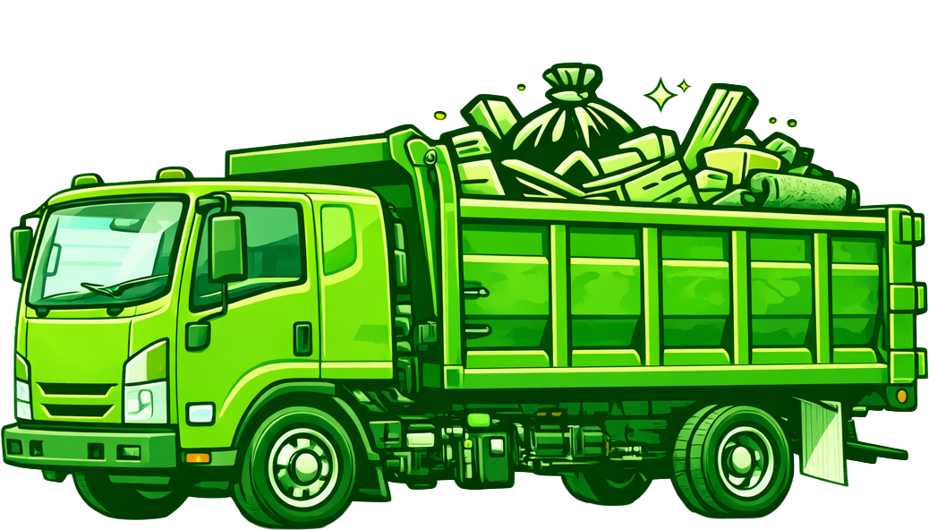 Green garbage truck filled with trash bags and debris.