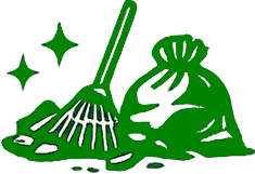 A green illustration of a broom sweeping a pile of trash bags and debris with two sparkles nearby.