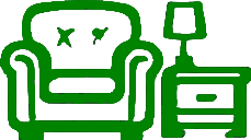 Outline drawing of a green armchair, a side table with a lamp, all in a simple line art style.