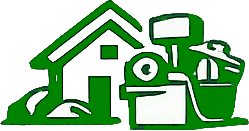Green illustration of a house, washing machine, vacuum cleaner, and laundry basket.