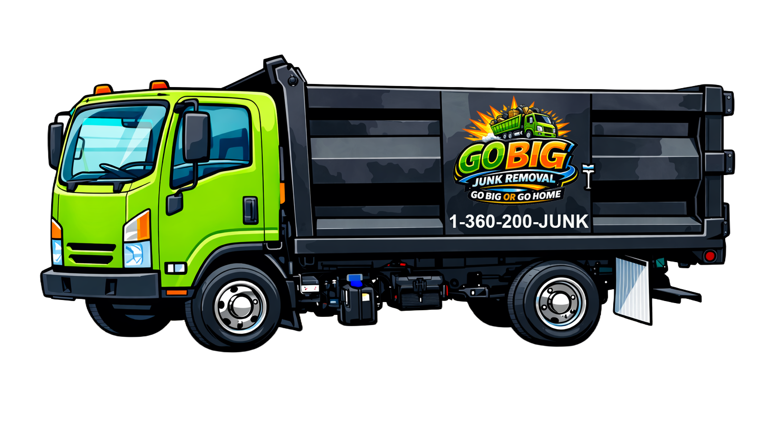 A cartoon illustration of a green and black junk removal truck with the GO BIG junk removal logo and phone number on the side.