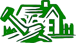 Green line drawing of a house, trees, a road, and a city skyline.