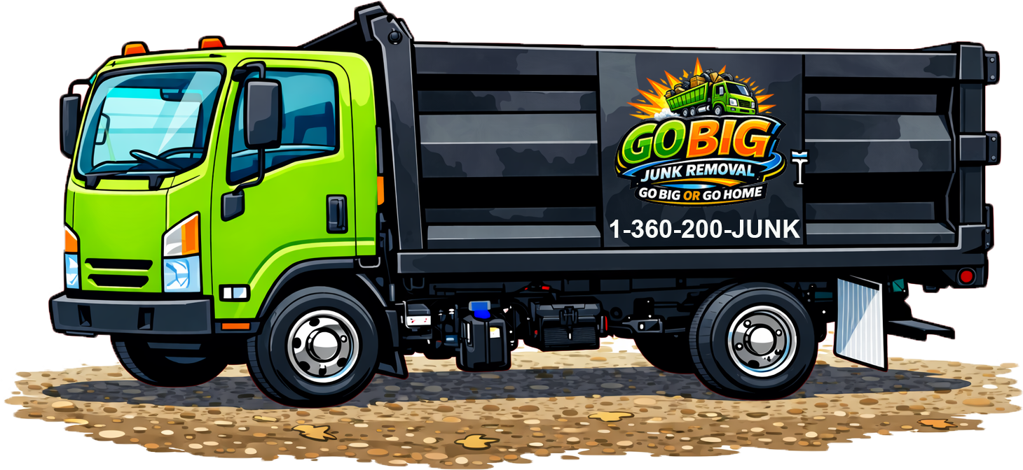 Illustration of a bright green garbage truck with black and gray container, displaying a logo for ETCH GO BIG JUNK REMOVAL and a phone number, on a gravel surface.