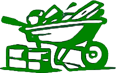 A green sketch of a wheelbarrow filled with leaves or grass, next to a small rectangular object.