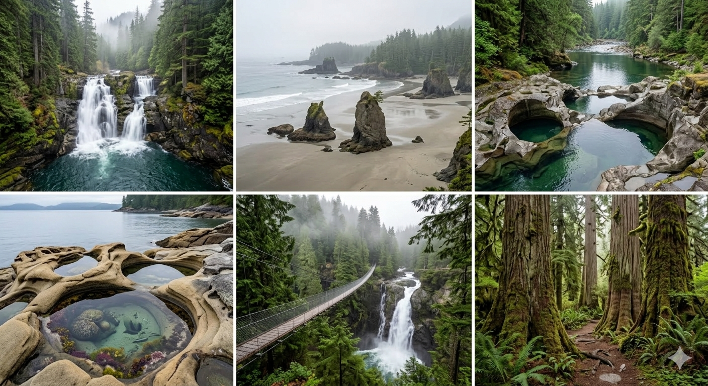 Collage of six nature scenes including a waterfall in a forest, ocean with rock formations, hot springs surrounded by rocks, a rocky coastline with tide pools, a suspension bridge over a waterfall in a lush forest, and a dense, moss-covered forest with giant trees.