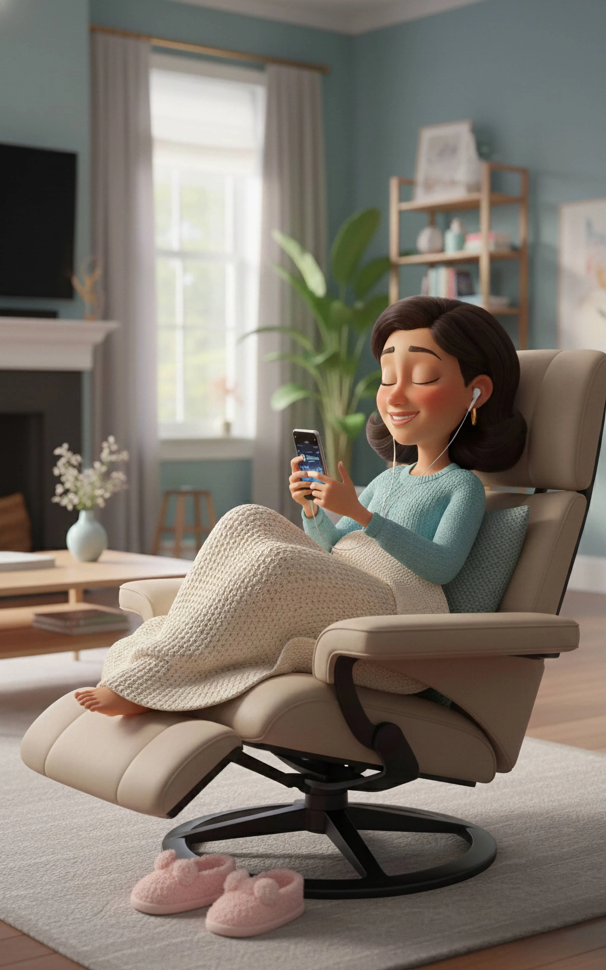 Animated woman sitting comfortably in an armchair, listening to music with earphones while holding a smartphone in a cozy living room with large window, green plants, bookshelves, and a TV.