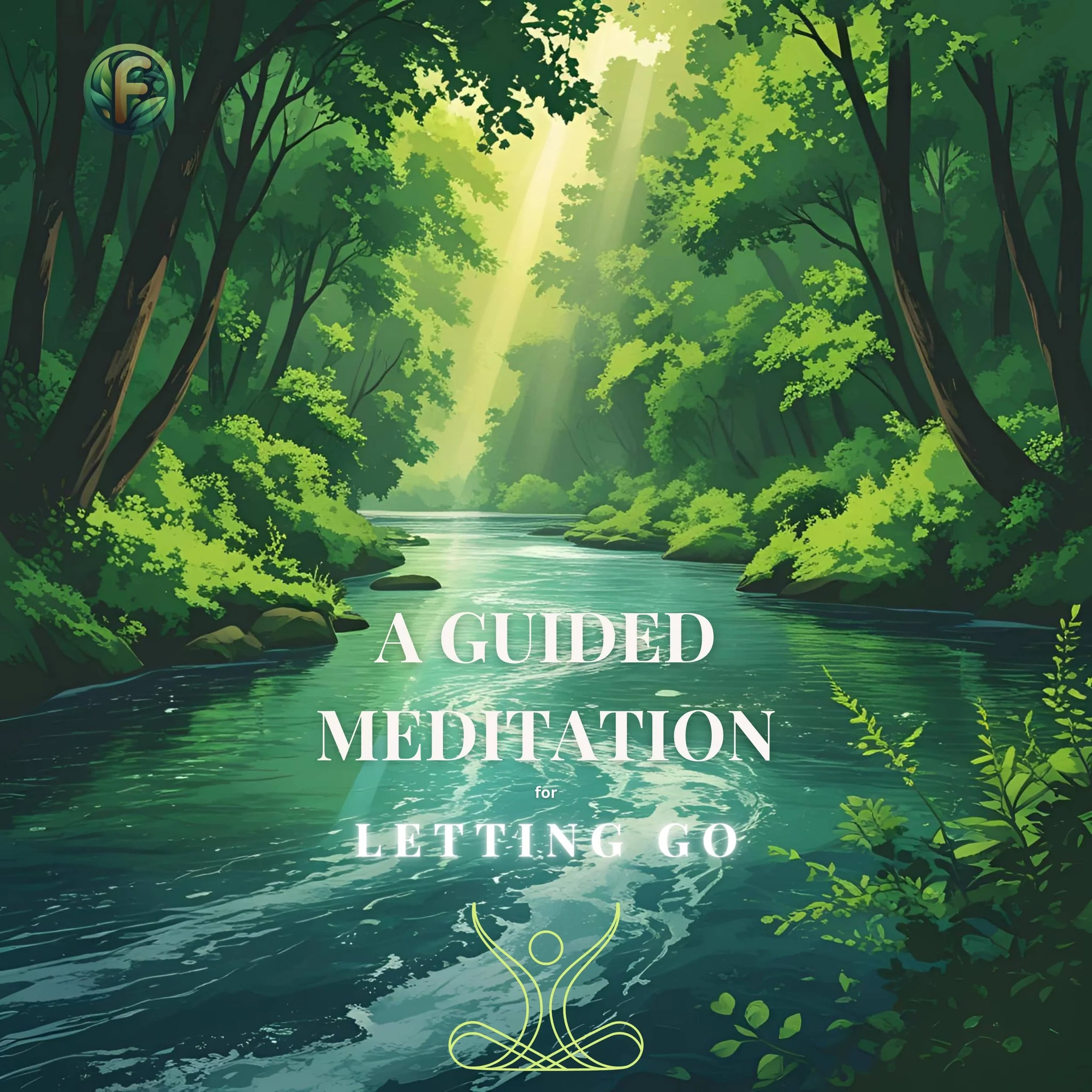 Illustration of a serene forest stream with sunlight filtering through trees, featuring the text 'A Guided Meditation for Letting Go' over the water with a simple line drawing of a person in a meditative pose.