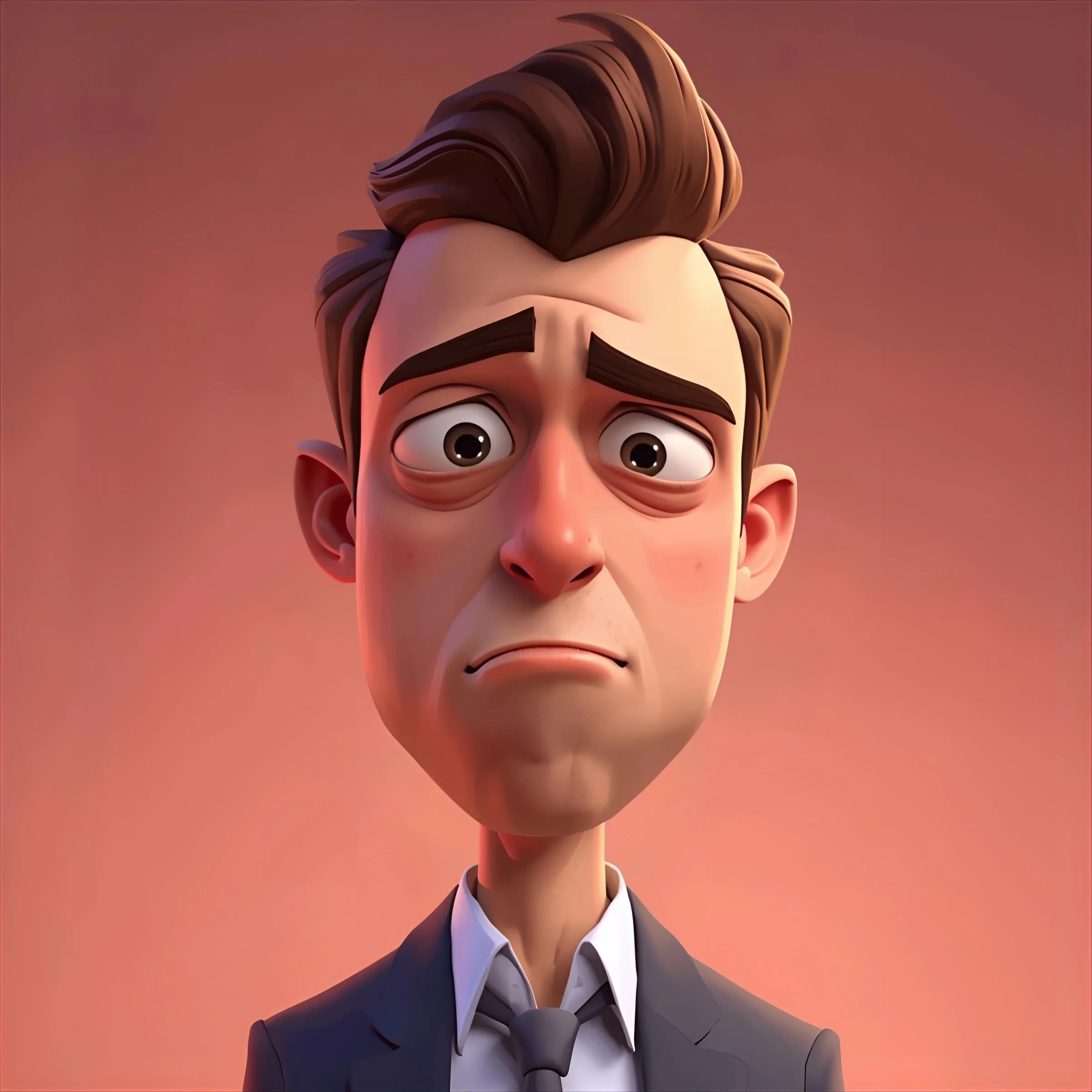 Animated man in a formal suit with a nervous or sad expression, brown hair, and a tie, against a pinkish background.