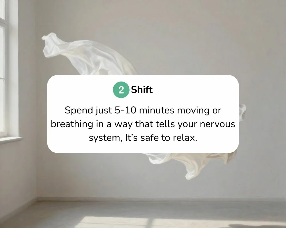 A white bedsheet or fabric floating in a lightly lit empty room next to a window, with a text overlay giving a breathing exercise tip.