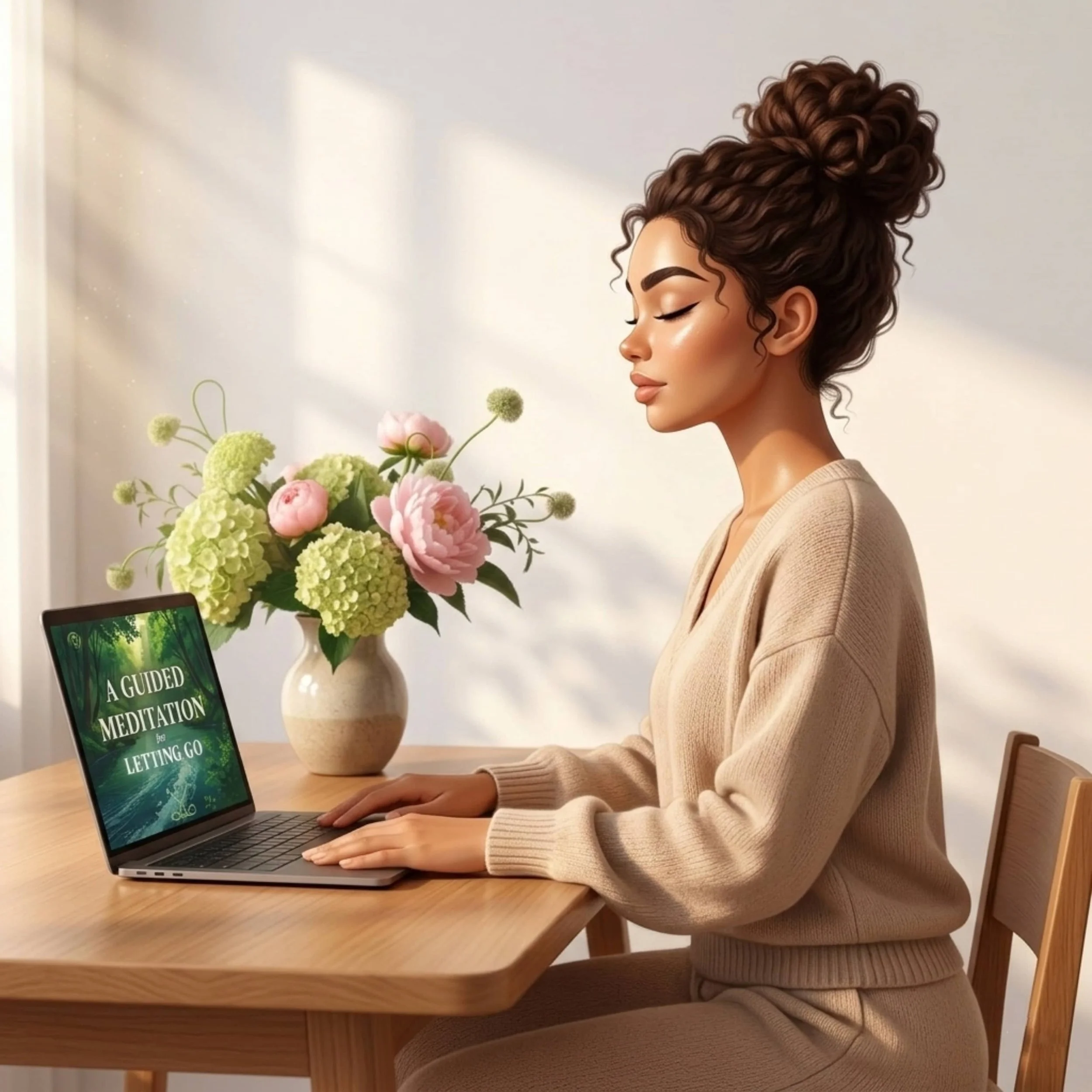 A woman with curly hair in a bun meditating with her eyes closed at a wooden table, a laptop displaying an online meditation class, and a vase of pink and green flowers in a bright room.