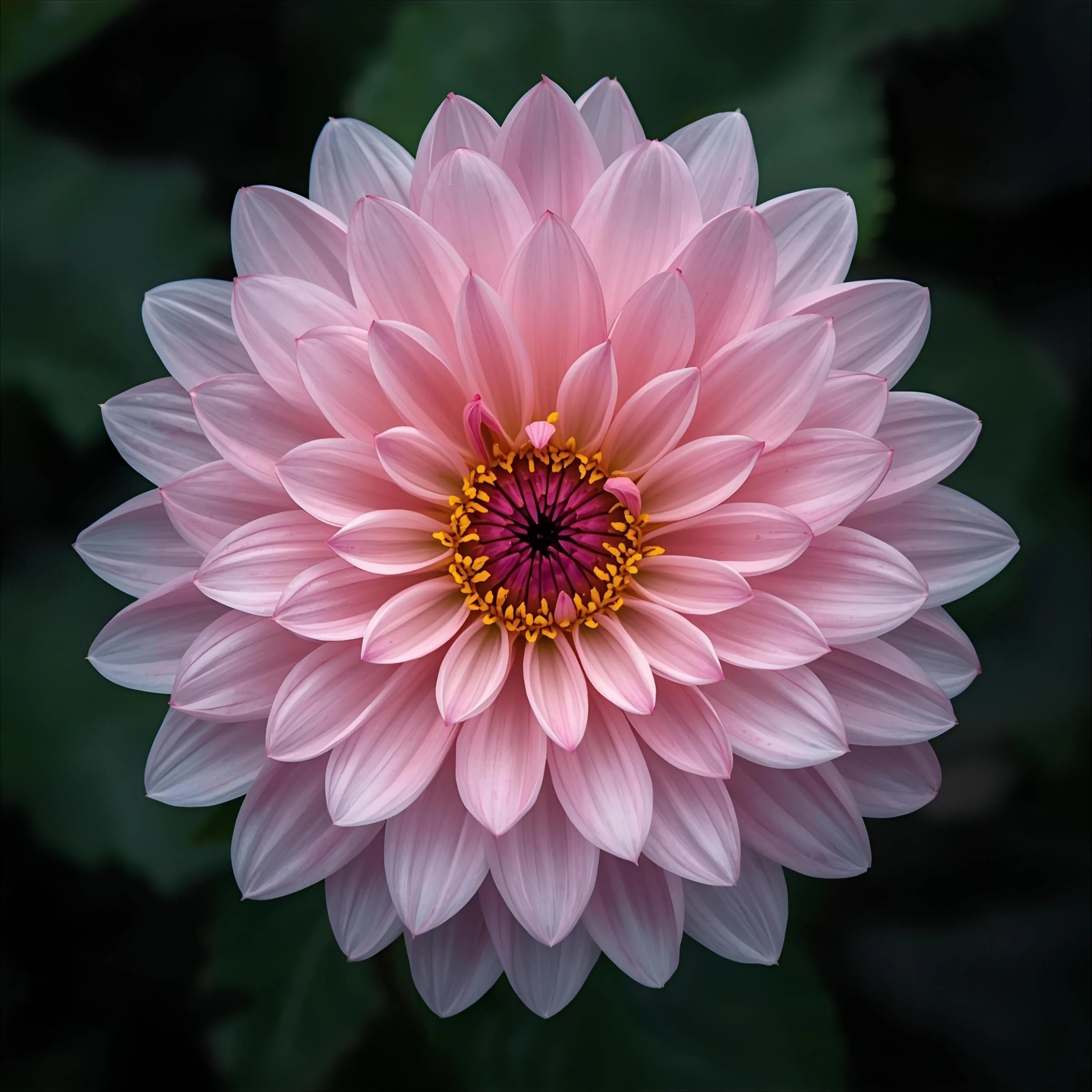 Close-up of a pink dahlia flower with layered petals and a dark center.