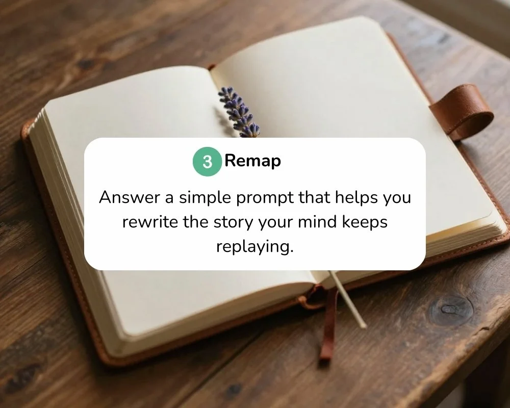 Open journal with a lavender flower on a wooden table.