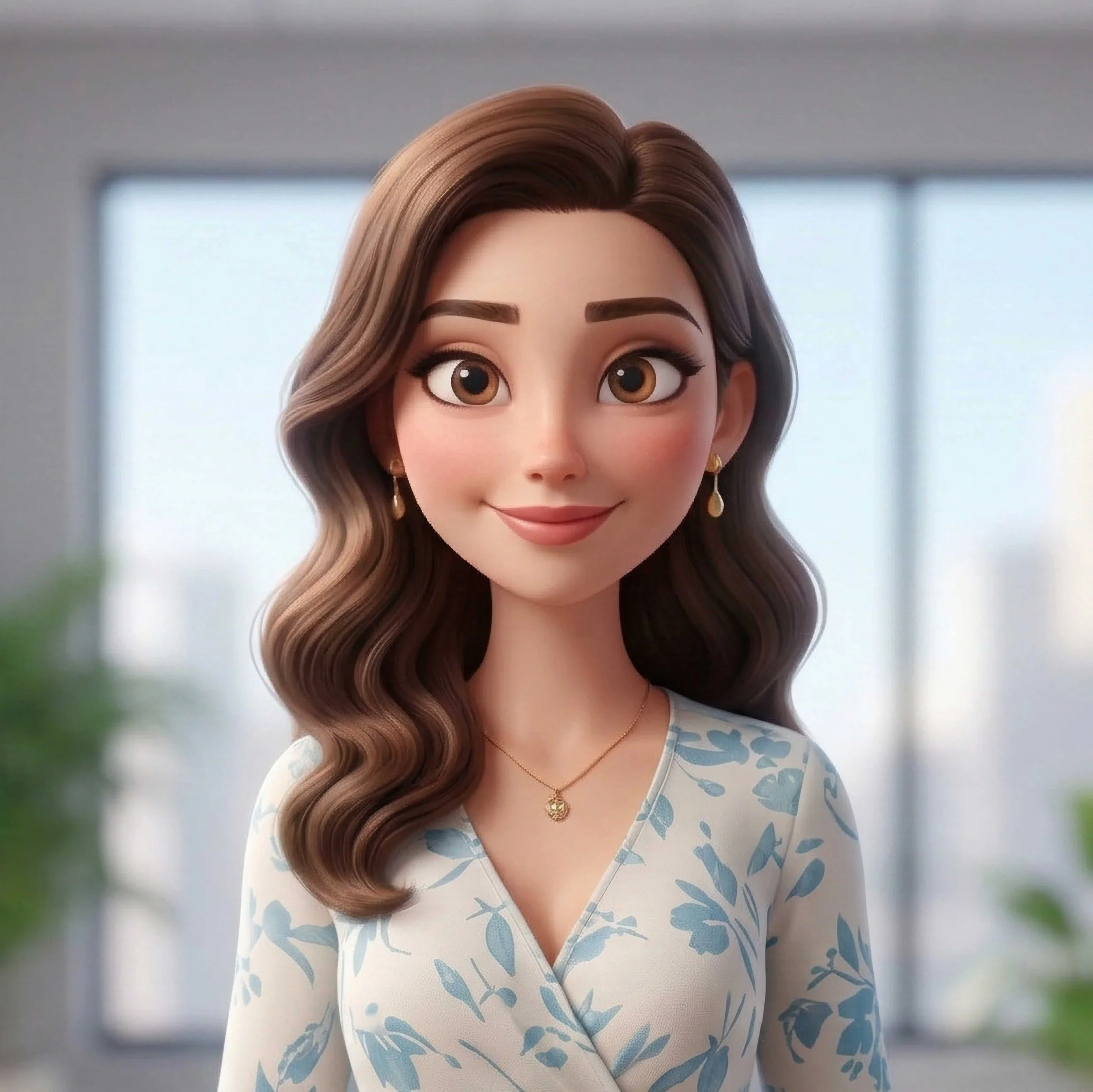 Animated woman with long wavy brown hair, wearing earrings, a necklace, and a white floral blouse, standing indoors with windows and plants in the background.