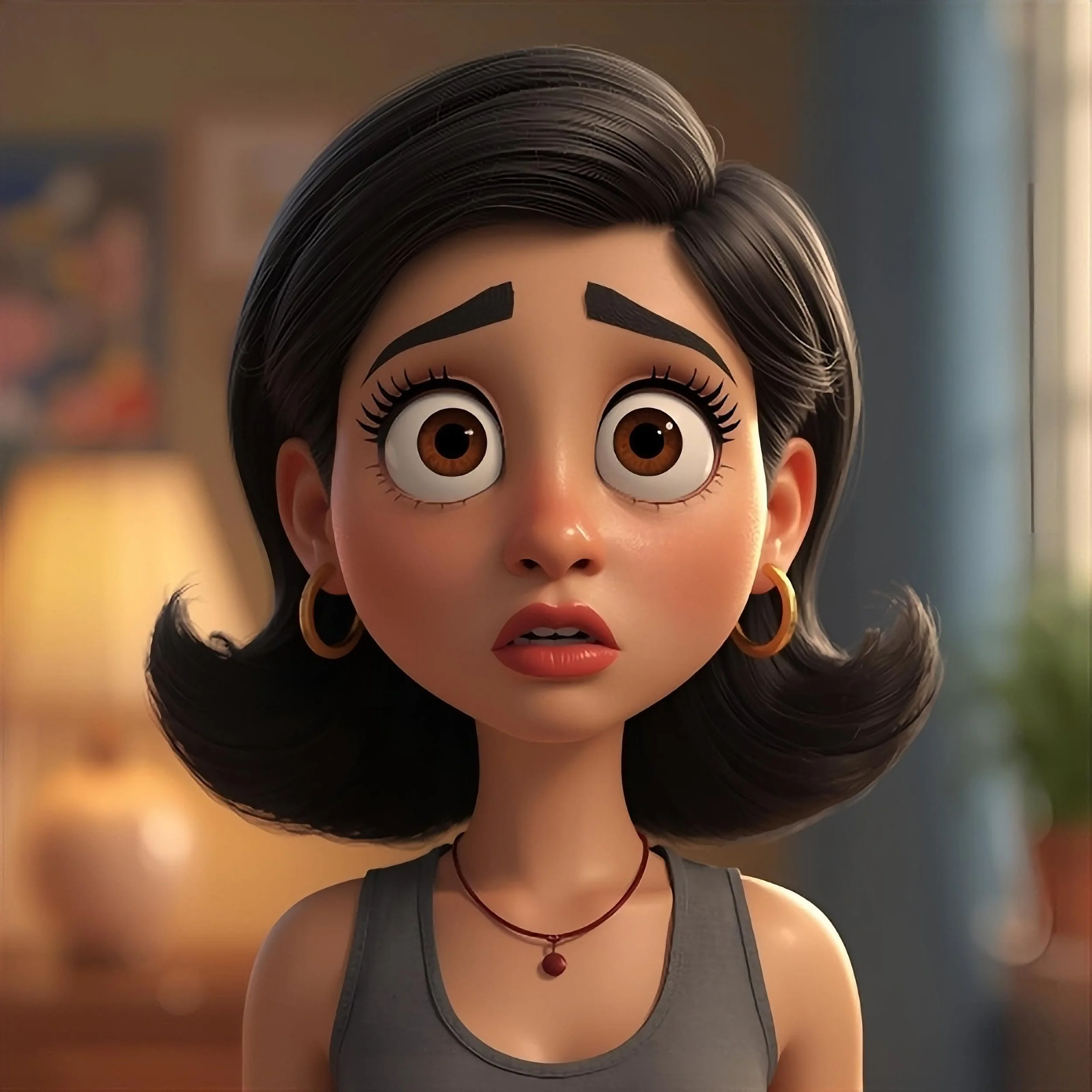 Animated woman with short dark hair, large brown eyes, gold hoop earrings, wearing a gray sleeveless top, and a red choker necklace, in a room with warm lighting.