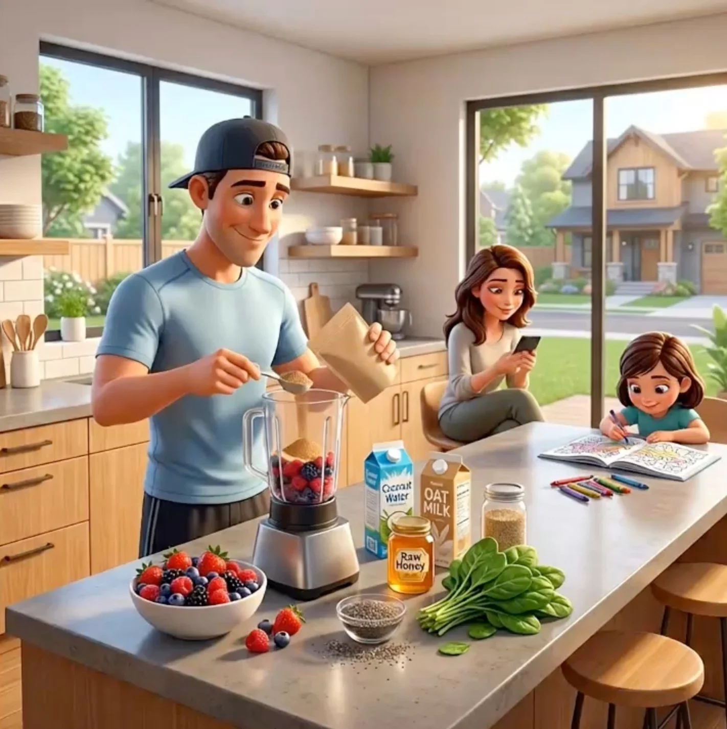 Animated family in a bright kitchen with large windows, preparing and enjoying breakfast with fresh berries, oats, milk, and honey, while the mother and daughter engage with their phones and coloring books.