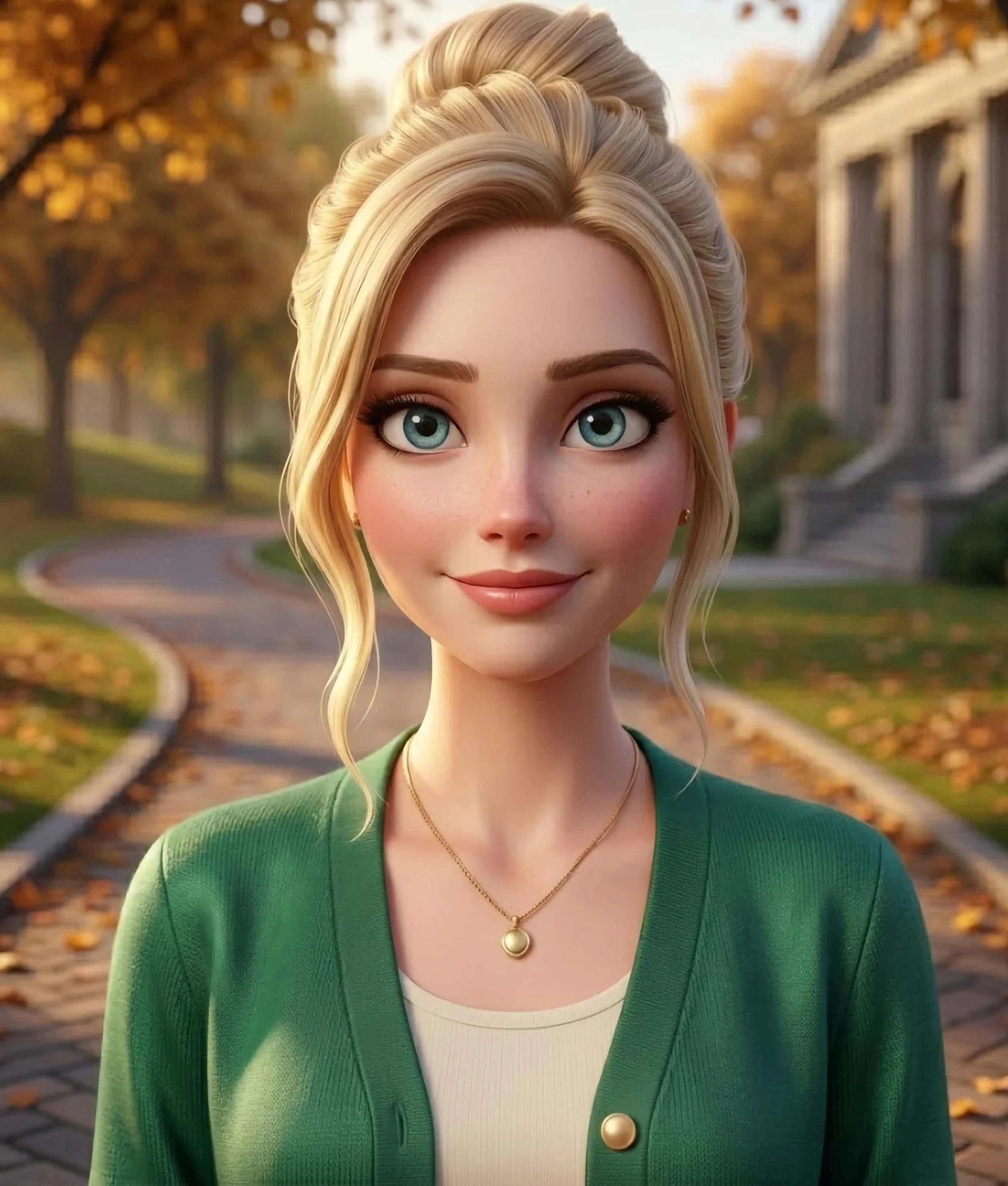 A digital animated portrait of a young woman with blonde hair styled in an updo, wearing a green cardigan and a pearl necklace, standing outdoors on a winding pathway with fall foliage and trees in the background.