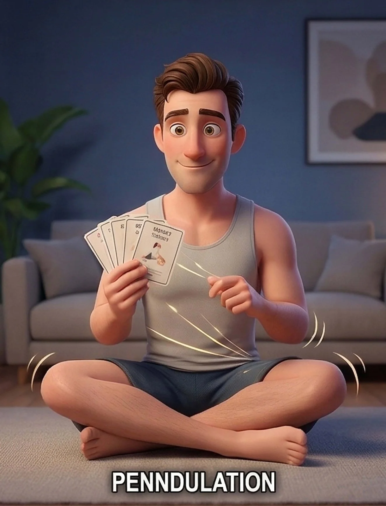 Animated character sitting cross-legged on the floor, playing with a fidget spinner, holding playing cards. The word 'PENDULATION' appearing below.